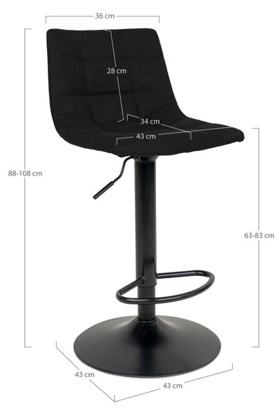 Scaun de bar tapitat Middelfart, Negru, 45x43x88/108 cm