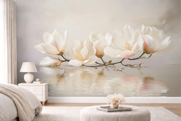 Tapet Flori de magnolie deschise pe o ramură deasupra reflexiei apei, Fototapet Flori, w05353 : Uwalls.ro