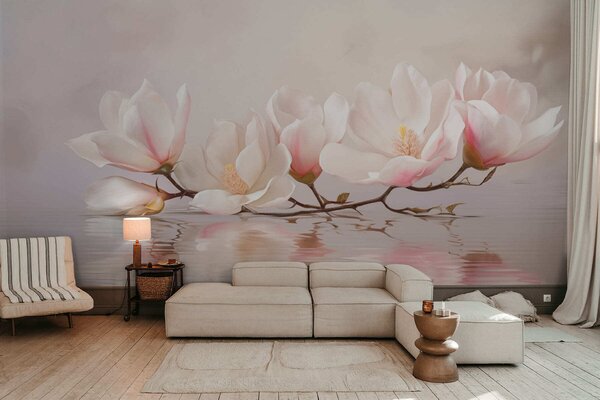Tapet Ramură de magnolie cu flori deasupra reflexiei apei liniștite, Fototapet Flori, w05353v1 : Uwalls.ro