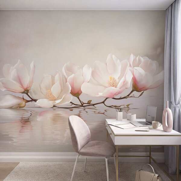 Tapet Ramură de magnolie cu flori deasupra reflexiei apei liniștite, Fototapet Flori, w05353v1 : Uwalls.ro