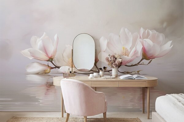 Tapet Ramură de magnolie cu flori deasupra reflexiei apei liniștite, Fototapet Flori, w05353v1 : Uwalls.ro