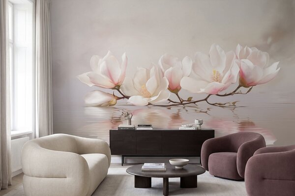 Tapet Ramură de magnolie cu flori deasupra reflexiei apei liniștite, Fototapet Flori, w05353v1 : Uwalls.ro
