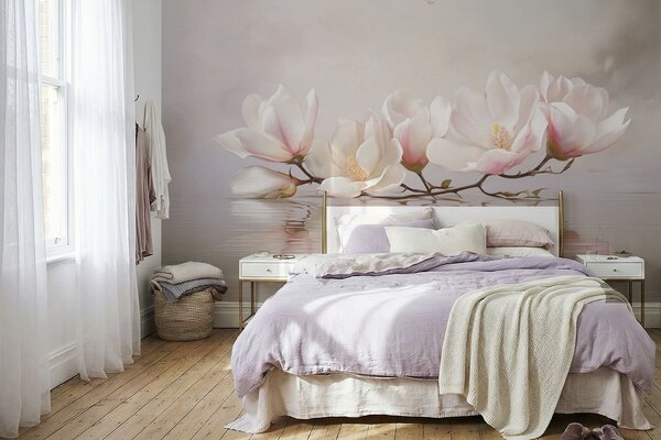 Tapet Ramură de magnolie cu flori deasupra reflexiei apei liniștite, Fototapet Flori, w05353v1 : Uwalls.ro