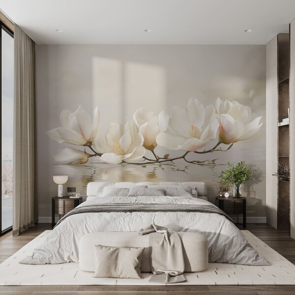 Tapet Flori de magnolie deschise pe o ramură deasupra reflexiei apei, Fototapet Flori, w05353 : Uwalls.ro