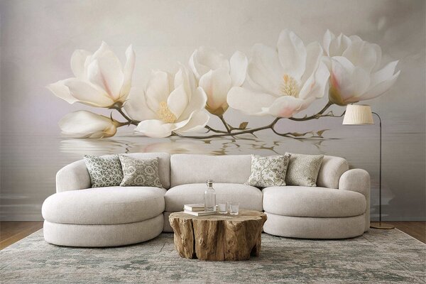 Tapet Flori de magnolie deschise pe o ramură deasupra reflexiei apei, Fototapet Flori, w05353 : Uwalls.ro