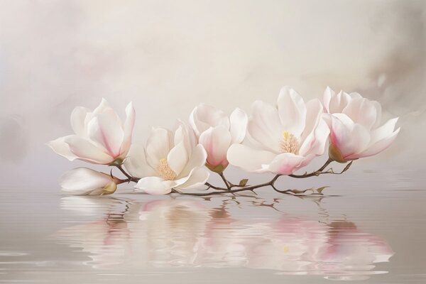 Tapet Ramură de magnolie cu flori deasupra reflexiei apei liniștite, Fototapet Flori, w05353v1 : Uwalls.ro