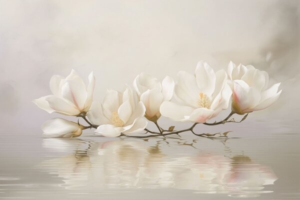Tapet Flori de magnolie deschise pe o ramură deasupra reflexiei apei, Fototapet Flori, w05353 : Uwalls.ro