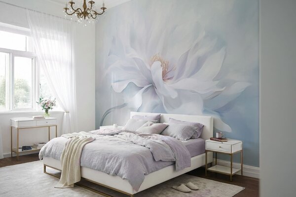 Tapet Floare albă delicată cu petale fluide pe fundal albastru, Fototapet Flori, w05354 : Uwalls.ro