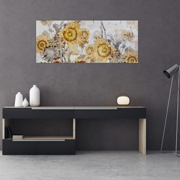 Tablou - Floarea-soarelui pe perete (120x50 cm)