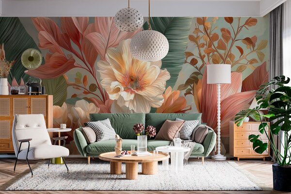 Tapet Flori cu frunze, Imagini de fundal unice, w05378 : Uwalls.ro