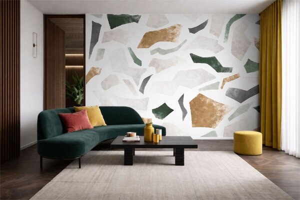 Tapet Fragmente abstracte cu textură, în nuanțe de verde și bej, Terrazzo fototapet, w05146 : Uwalls.ro