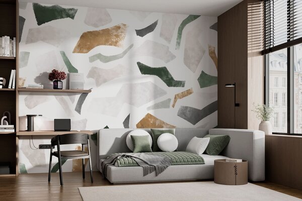 Tapet Fragmente abstracte cu textură, în nuanțe de verde și bej, Terrazzo fototapet, w05146 : Uwalls.ro