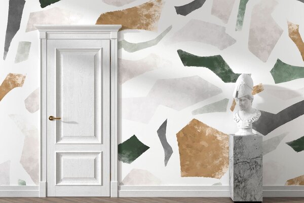 Tapet Fragmente abstracte cu textură, în nuanțe de verde și bej, Terrazzo fototapet, w05146 : Uwalls.ro