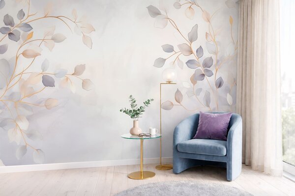 Tapet Ramuri cu frunze delicate pe un fundal estompat, Fototapet Acuarelă, w05296 : Uwalls.ro