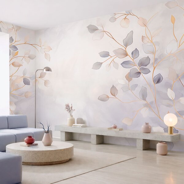 Tapet Ramuri cu frunze delicate pe un fundal estompat, Fototapet Acuarelă, w05296 : Uwalls.ro