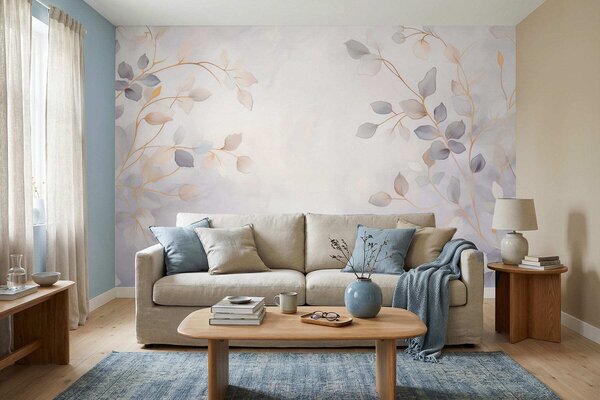 Tapet Ramuri cu frunze delicate pe un fundal estompat, Fototapet Acuarelă, w05296 : Uwalls.ro