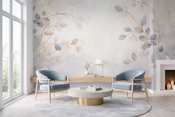 Tapet Ramuri cu frunze delicate pe un fundal estompat, Fototapet Acuarelă, w05296 : Uwalls.ro