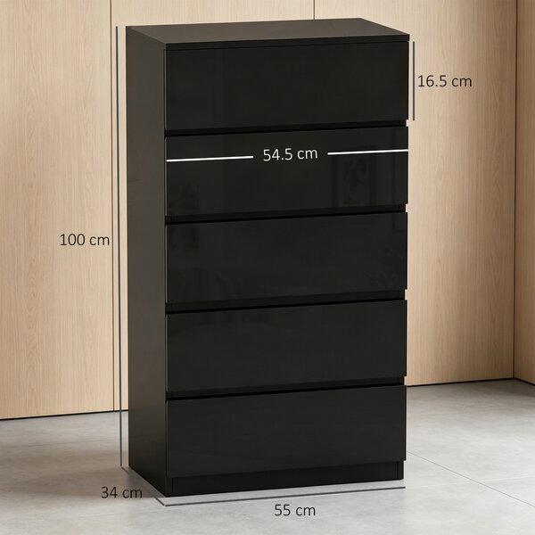 HOMCOM Comodă cu 5 Sertare din Lemn, pentru Dormitor, Design Modern și Multifuncțional, 55x34x100 cm, Negru | Aosom Romania