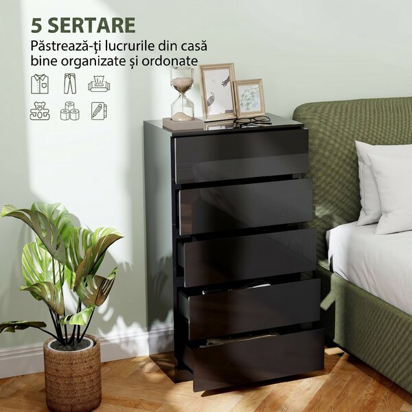 HOMCOM Comodă cu 5 Sertare din Lemn, pentru Dormitor, Design Modern și Multifuncțional, 55x34x100 cm, Negru | Aosom Romania