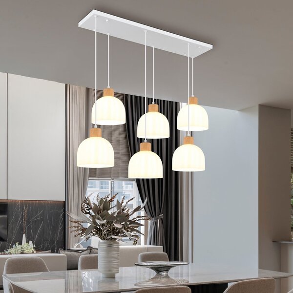 Globo Lampă suspendată Swanson, lungime 105 cm, alb/maro, metal/lemn, 6 becuri, reglabil, Alb, Camera de zi / sufragerie, Lemn