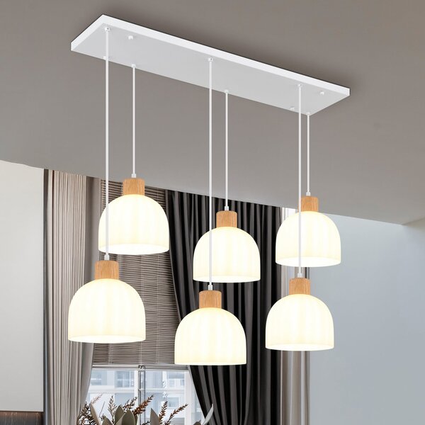 Globo Lampă suspendată Swanson, lungime 105 cm, alb/maro, metal/lemn, 6 becuri, reglabil, Alb, Camera de zi / sufragerie, Lemn