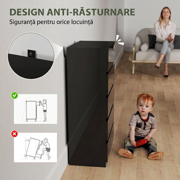 HOMCOM Comodă cu 5 Sertare din Lemn, pentru Dormitor, Design Modern și Multifuncțional, 55x34x100 cm, Negru | Aosom Romania