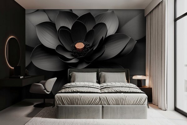 Tapet O floare neagră minimalistă, cu petale și un centru cald, care contrastează, Fototapet 3D, Fototapet 3D Flori, w09721 : Uwalls.ro
