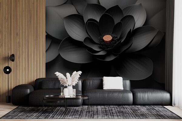 Tapet O floare neagră minimalistă, cu petale și un centru cald, care contrastează, Fototapet 3D, Fototapet 3D Flori, w09721 : Uwalls.ro