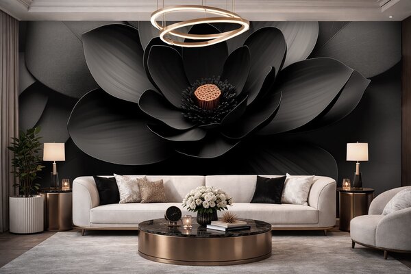 Tapet O floare neagră minimalistă, cu petale și un centru cald, care contrastează, Fototapet 3D, Fototapet 3D Flori, w09721 : Uwalls.ro