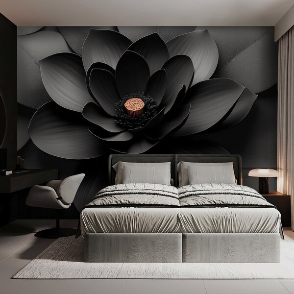 Tapet O floare neagră minimalistă, cu petale și un centru cald, care contrastează, Fototapet 3D, Fototapet 3D Flori, w09721 : Uwalls.ro