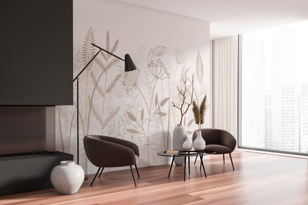 Tapet ierburi sălbatice și flori delicate, pictate manual, pe un fundal alb, Imagini de fundal unice, w05383v2 : Uwalls.ro