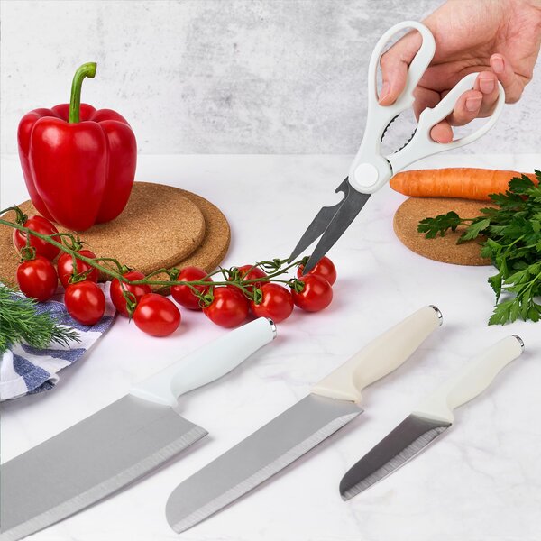 Set de cutite pentru bucatarie onuvio®, 5 piese pentru folosire zilnica, foarfeca, cutit chef, cutit decojit, suport pentru blat, alb