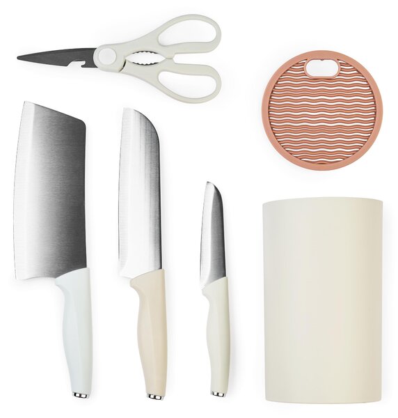 Set de cutite pentru bucatarie onuvio®, 5 piese pentru folosire zilnica, foarfeca, cutit chef, cutit decojit, suport pentru blat, alb