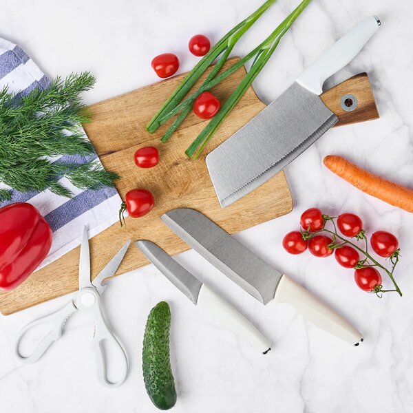 Set de cutite pentru bucatarie onuvio®, 5 piese pentru folosire zilnica, foarfeca, cutit chef, cutit decojit, suport pentru blat, alb
