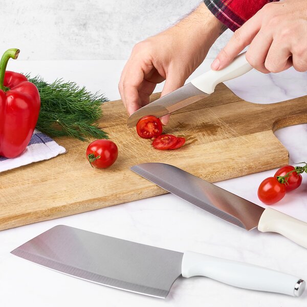 Set de cutite pentru bucatarie onuvio®, 5 piese pentru folosire zilnica, foarfeca, cutit chef, cutit decojit, suport pentru blat, alb