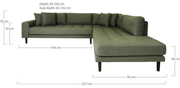 Coltar cu brat deschis open end Lido, Verde masliniu, 92x220x257x76 cm