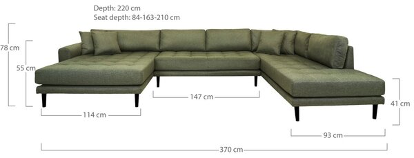 Coltar dreapta in forma de U open end Lido, Verde masliniu, 220x370x76 cm