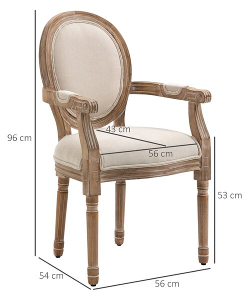 HOMCOM Scaun de Sufragerie cu Brațe, Scaune în Stil Clasic cu Tapițerie din Material Textil, 56x54x96 cm, Alb Crem | Aosom Romania