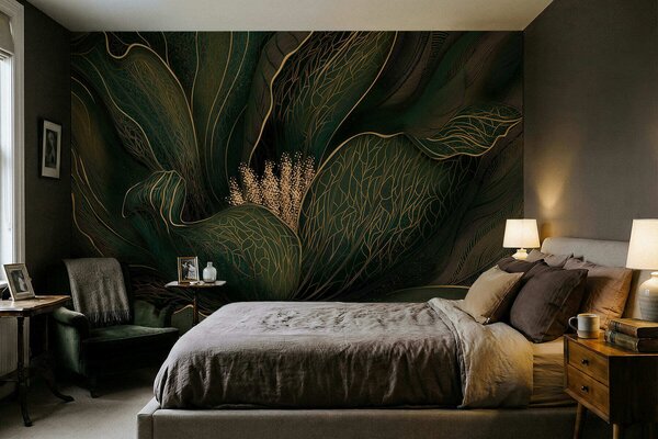 Tapet Floare abstractă de culoare verde închis, cu detalii realizate cu linii fine, Fototapet Flori, w05119v1 : Uwalls.ro