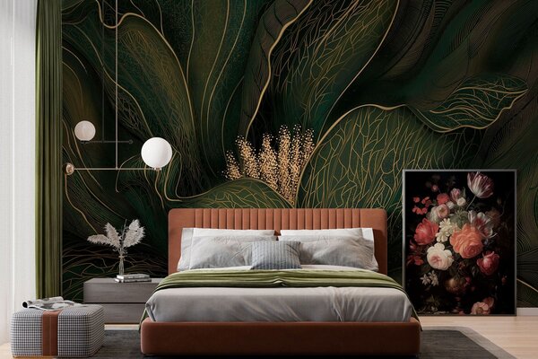 Tapet Floare abstractă de culoare verde închis, cu detalii realizate cu linii fine, Fototapet Flori, w05119v1 : Uwalls.ro