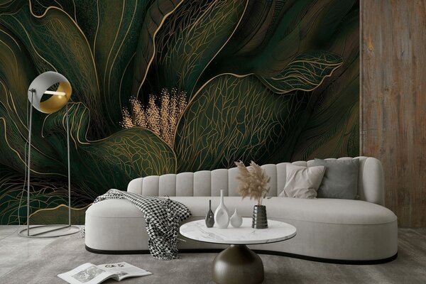 Tapet Floare abstractă de culoare verde închis, cu detalii realizate cu linii fine, Fototapet Flori, w05119v1 : Uwalls.ro