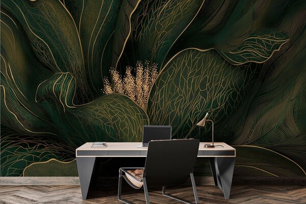 Tapet Floare abstractă de culoare verde închis, cu detalii realizate cu linii fine, Fototapet Flori, w05119v1 : Uwalls.ro