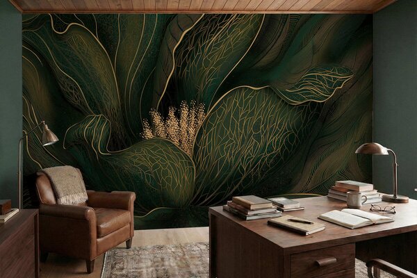 Tapet Floare abstractă de culoare verde închis, cu detalii realizate cu linii fine, Fototapet Flori, w05119v1 : Uwalls.ro