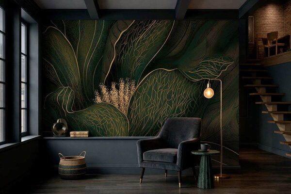 Tapet Floare abstractă de culoare verde închis, cu detalii realizate cu linii fine, Fototapet Flori, w05119v1 : Uwalls.ro