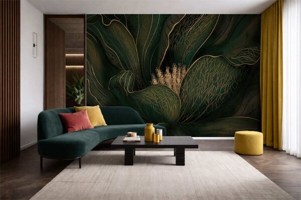 Tapet Floare abstractă de culoare verde închis, cu detalii realizate cu linii fine, Fototapet Flori, w05119v1 : Uwalls.ro