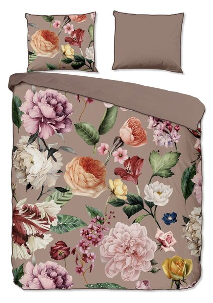 Lenjerie de pat din bumbac organic pentru pat de o persoană Descanso Flowery, 140 x 220 cm, gri - maro