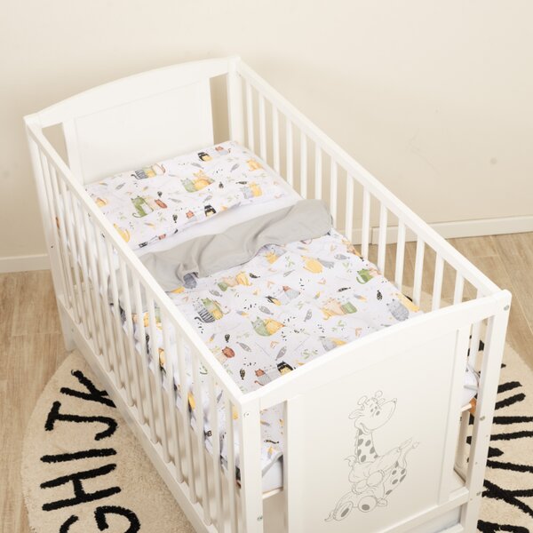 Lenjerie de vara pentru patut bebe 120x60 cm Kidizi Wiskers, include 4 piese, cearceaf, perna, husa perna si paturica cu doua fete, bumbac 100%