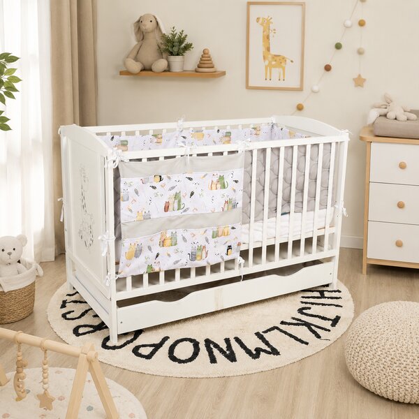 Lenjerie patut bebe 120x60 cm Kidizi Wiskers 6 piese – aparatori laterale integrale matlasate, organizator textil cu buzunare