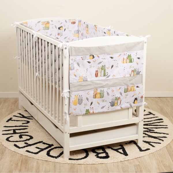 Lenjerie patut bebe 120x60 cm Kidizi Wiskers 6 piese – aparatori laterale integrale matlasate, organizator textil cu buzunare