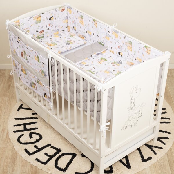 Lenjerie patut bebe 120x60 cm Kidizi Wiskers 6 piese – aparatori laterale integrale matlasate, organizator textil cu buzunare